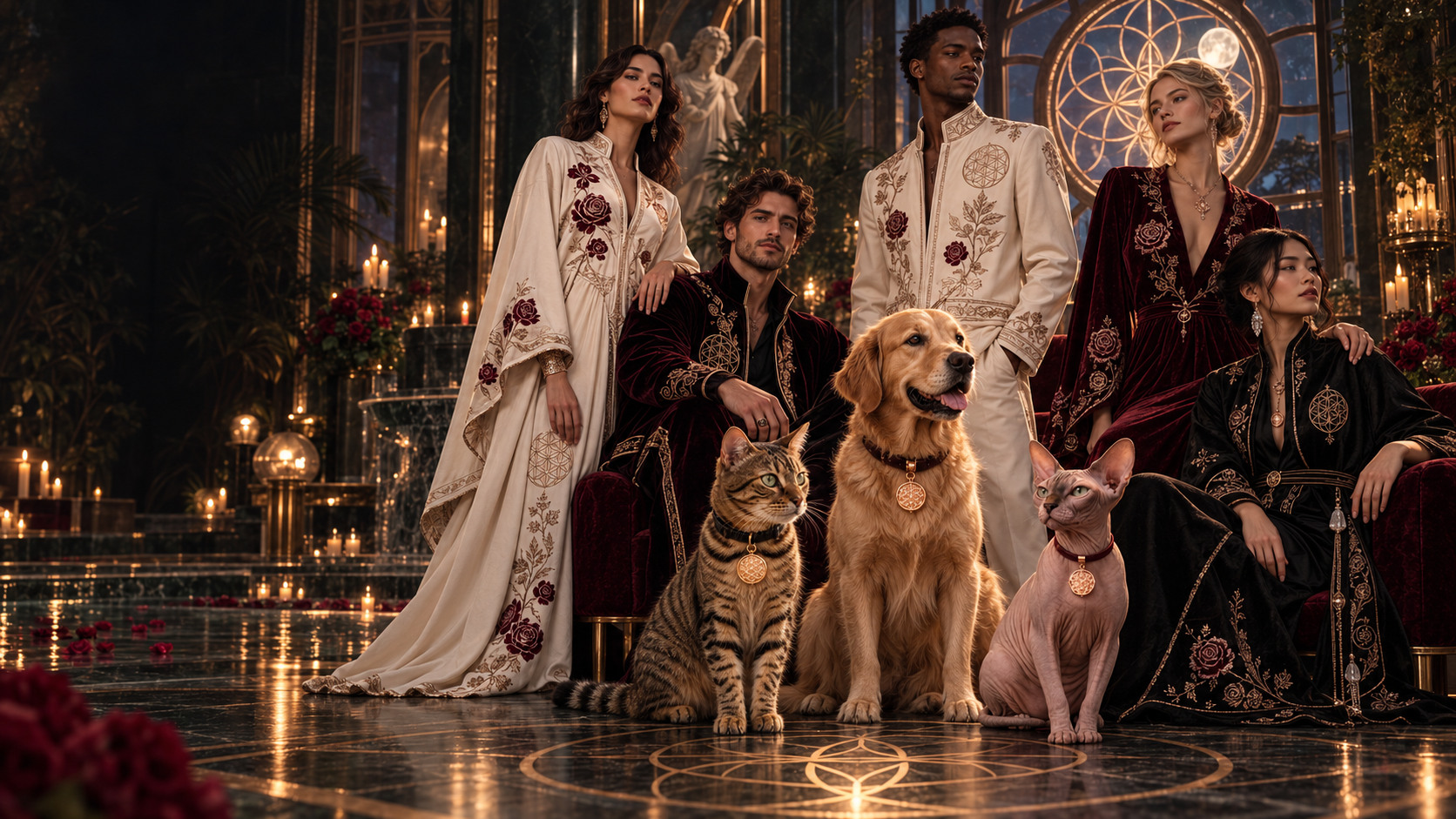Sphynx cat, Timber and Buddy wearing Flower of Life Talismans beside Mystic Rose members in ritual clothing
