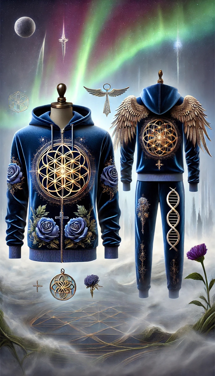 Deep-blue velvet hoodie and matching trousers with golden embroidery