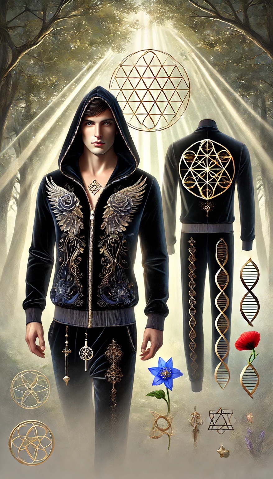 Black velvet hoodie and matching trousers with rose and sacred-geometry embroidery