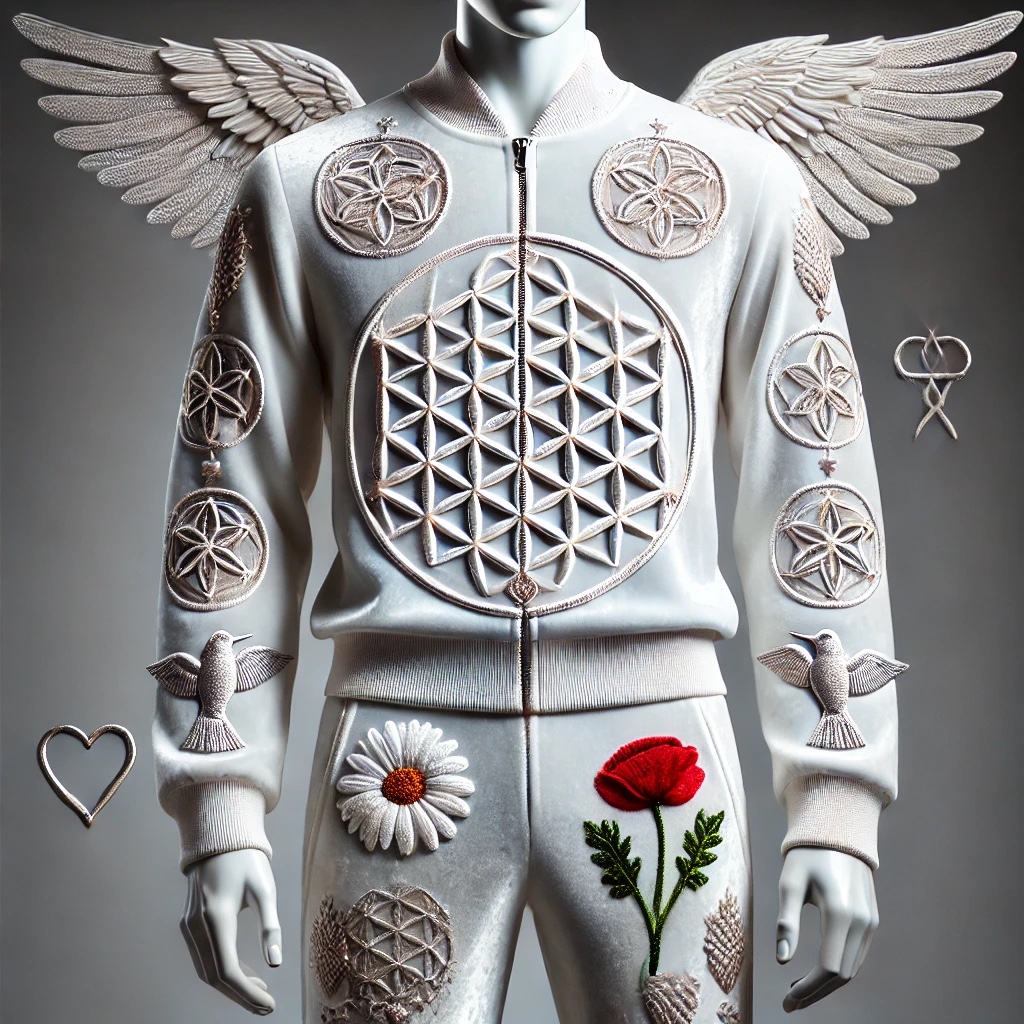 Pearl-white velvet hoodie and matching trousers with silver embroidery